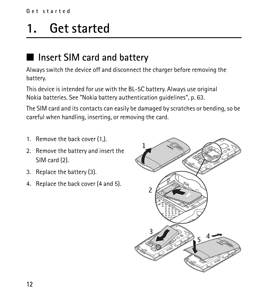 Get started, Insert sim card and battery | Nokia X2-01 User Manual | Page 12 / 73