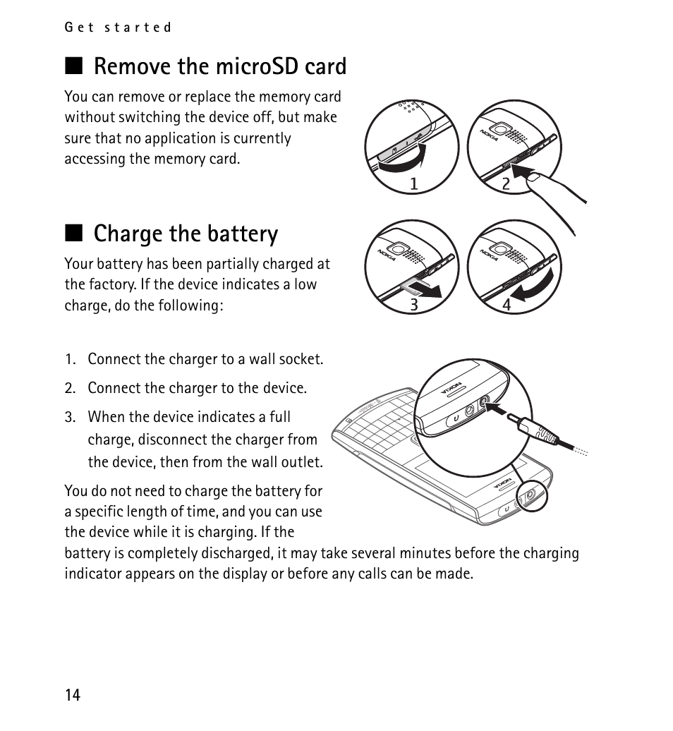 Remove the microsd card, Charge the battery, Remove the microsd card charge the battery | Nokia X2-01 User Manual | Page 14 / 73