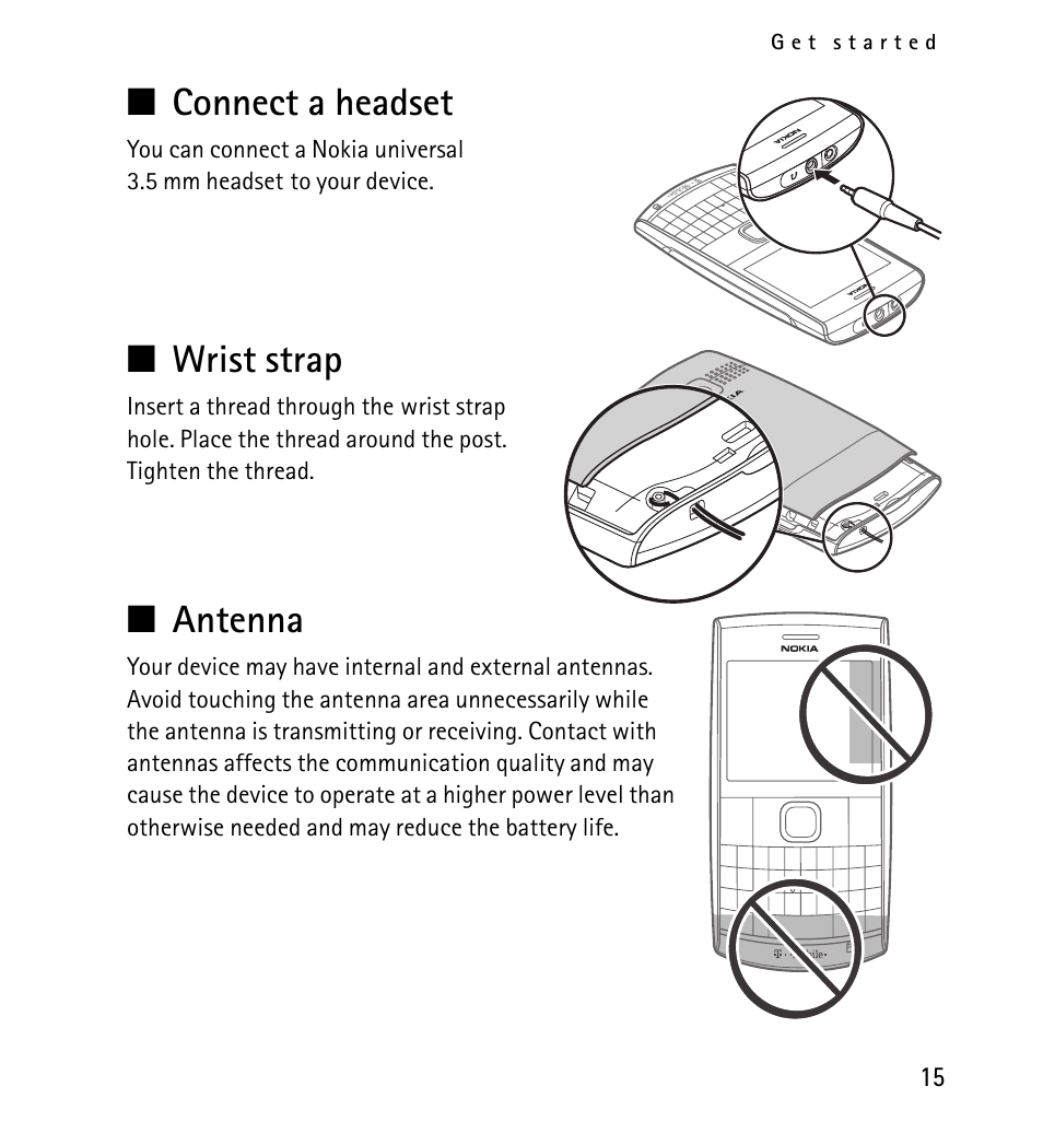 Connect a headset, Wrist strap, Antenna | Connect a headset wrist strap antenna | Nokia X2-01 User Manual | Page 15 / 73