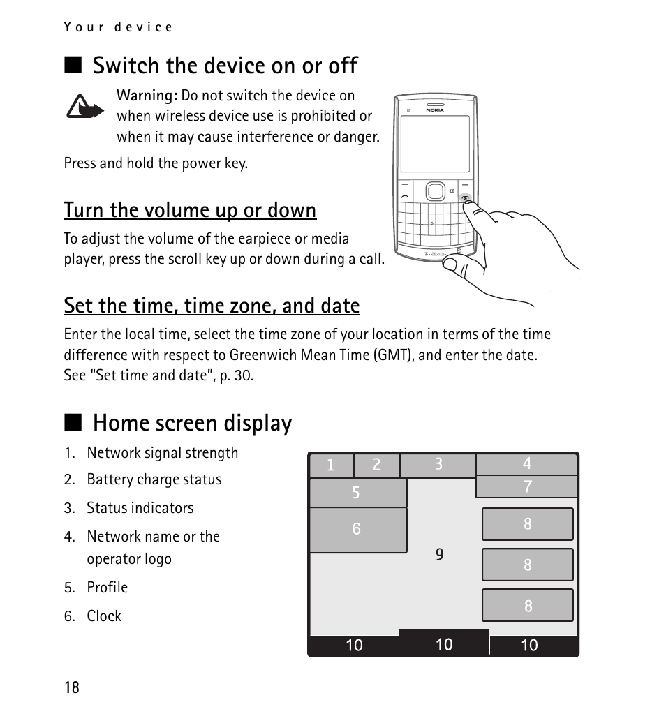 Switch the device on or off, Turn the volume up or down, Set the time, time zone, and date | Home screen display | Nokia X2-01 User Manual | Page 18 / 73