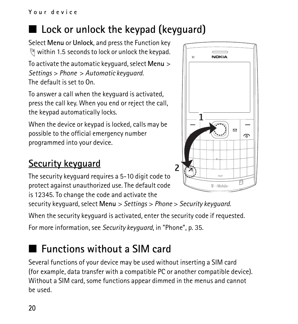 Lock or unlock the keypad (keyguard), Security keyguard, Functions without a sim card | Nokia X2-01 User Manual | Page 20 / 73