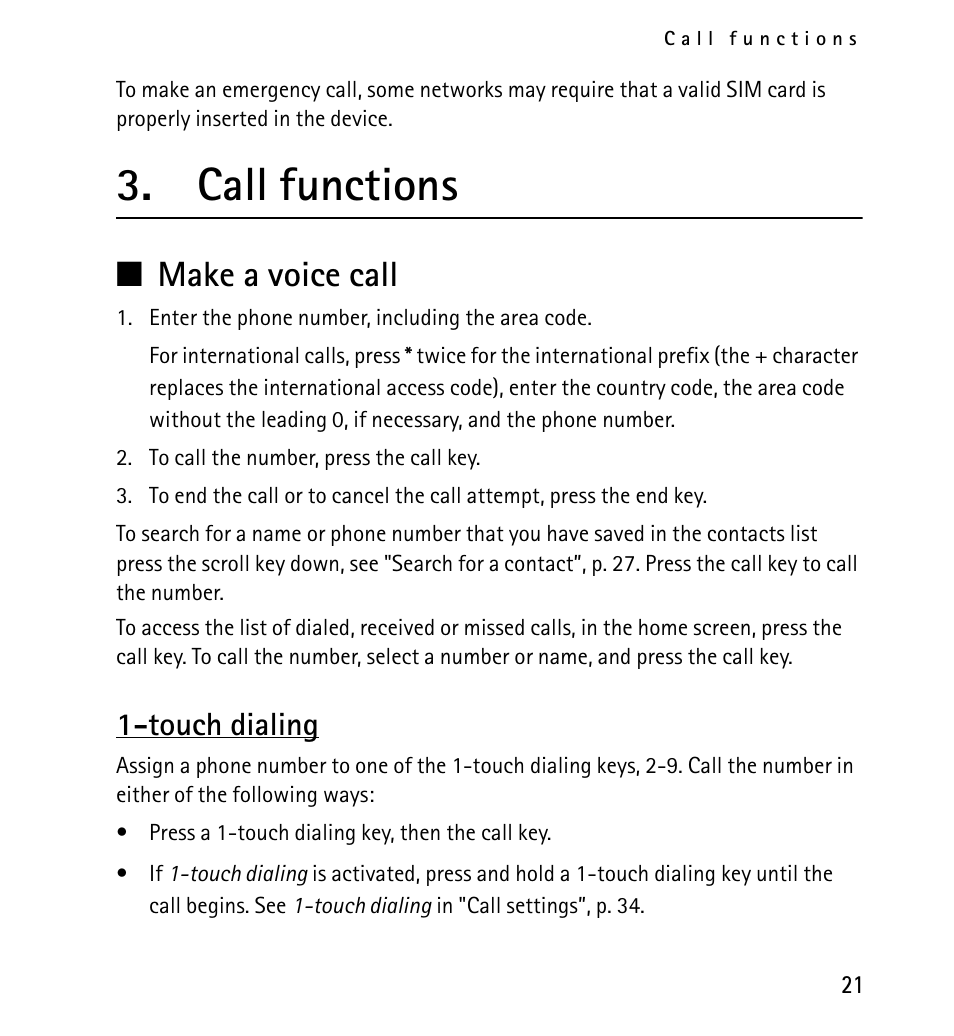 Call functions, Make a voice call, Touch dialing | Nokia X2-01 User Manual | Page 21 / 73