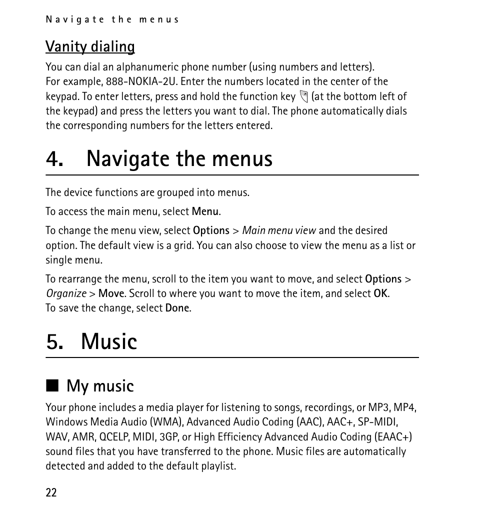Vanity dialing, Navigate the menus, Music | My music | Nokia X2-01 User Manual | Page 22 / 73