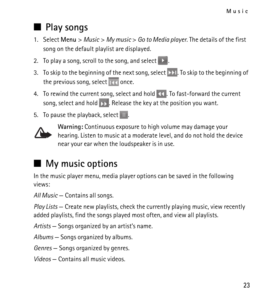 Play songs, My music options, Play songs my music options | Nokia X2-01 User Manual | Page 23 / 73