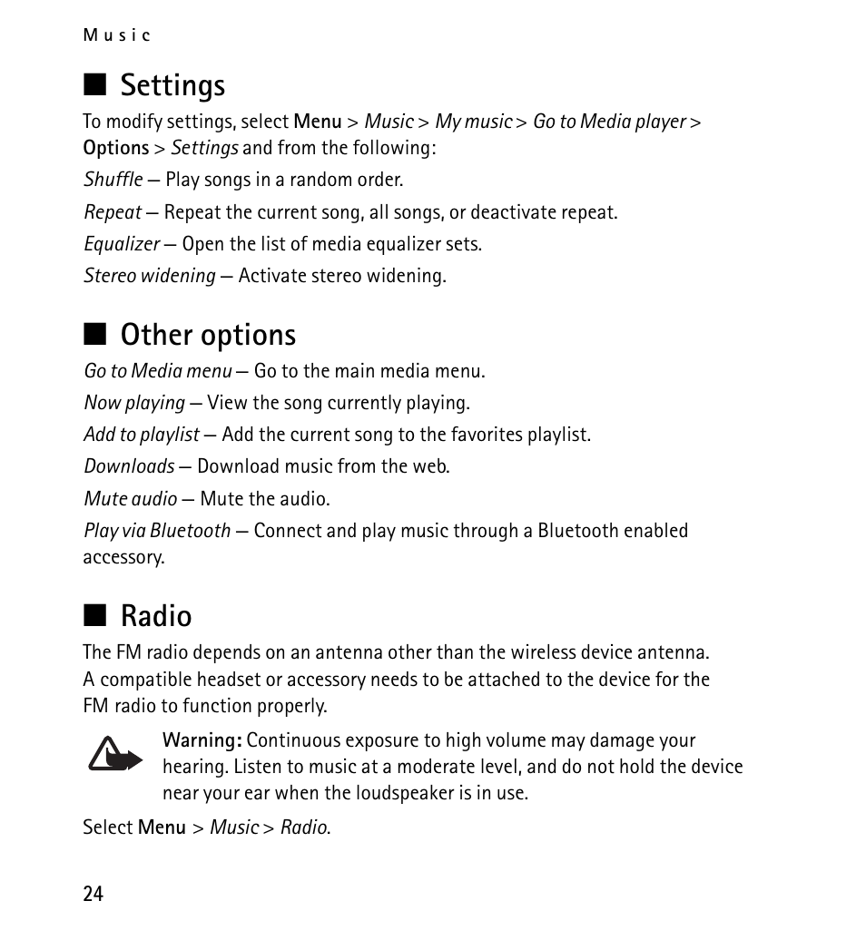 Settings, Other options, Radio | Settings other options radio | Nokia X2-01 User Manual | Page 24 / 73
