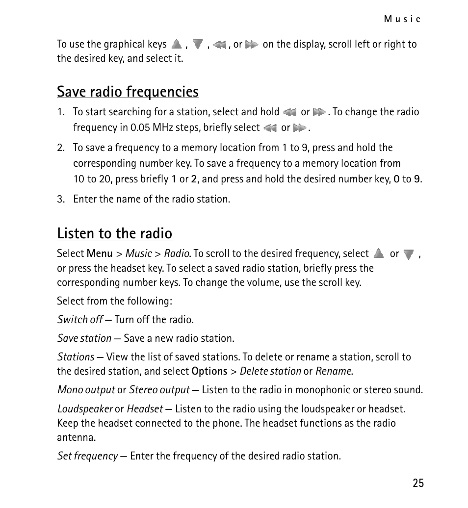 Save radio frequencies, Listen to the radio, Save radio frequencies listen to the radio | Nokia X2-01 User Manual | Page 25 / 73
