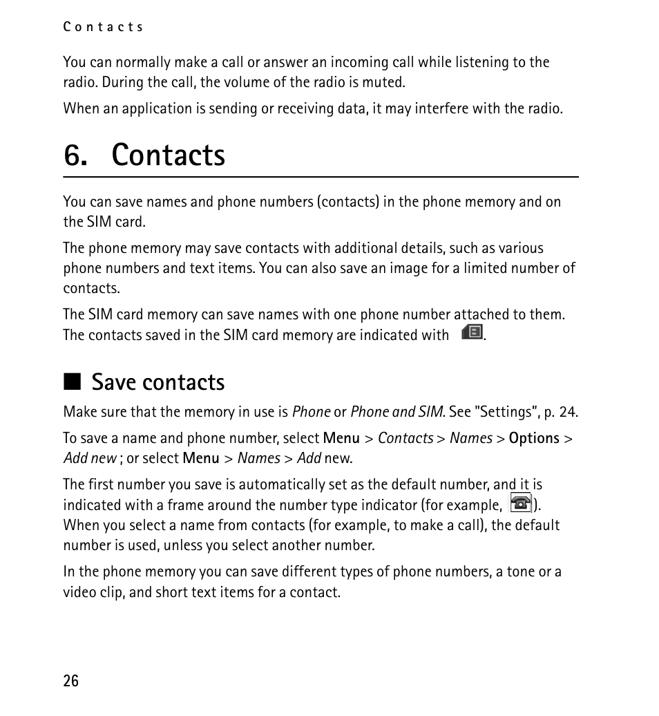 Contacts, Save contacts | Nokia X2-01 User Manual | Page 26 / 73