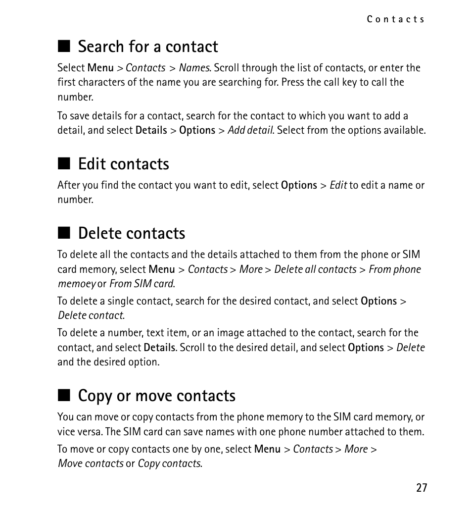 Search for a contact, Edit contacts, Delete contacts | Copy or move contacts | Nokia X2-01 User Manual | Page 27 / 73