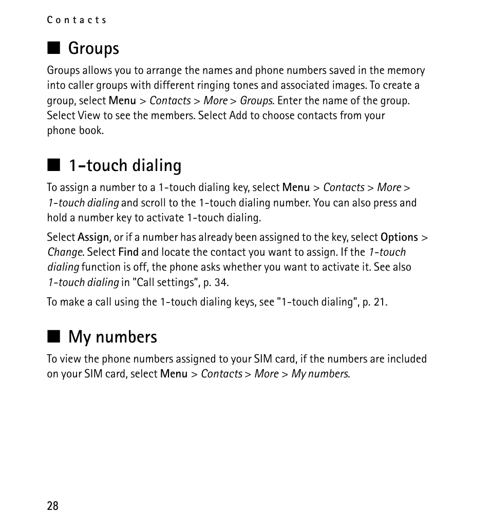 Groups, Touch dialing, My numbers | Groups 1-touch dialing my numbers | Nokia X2-01 User Manual | Page 28 / 73