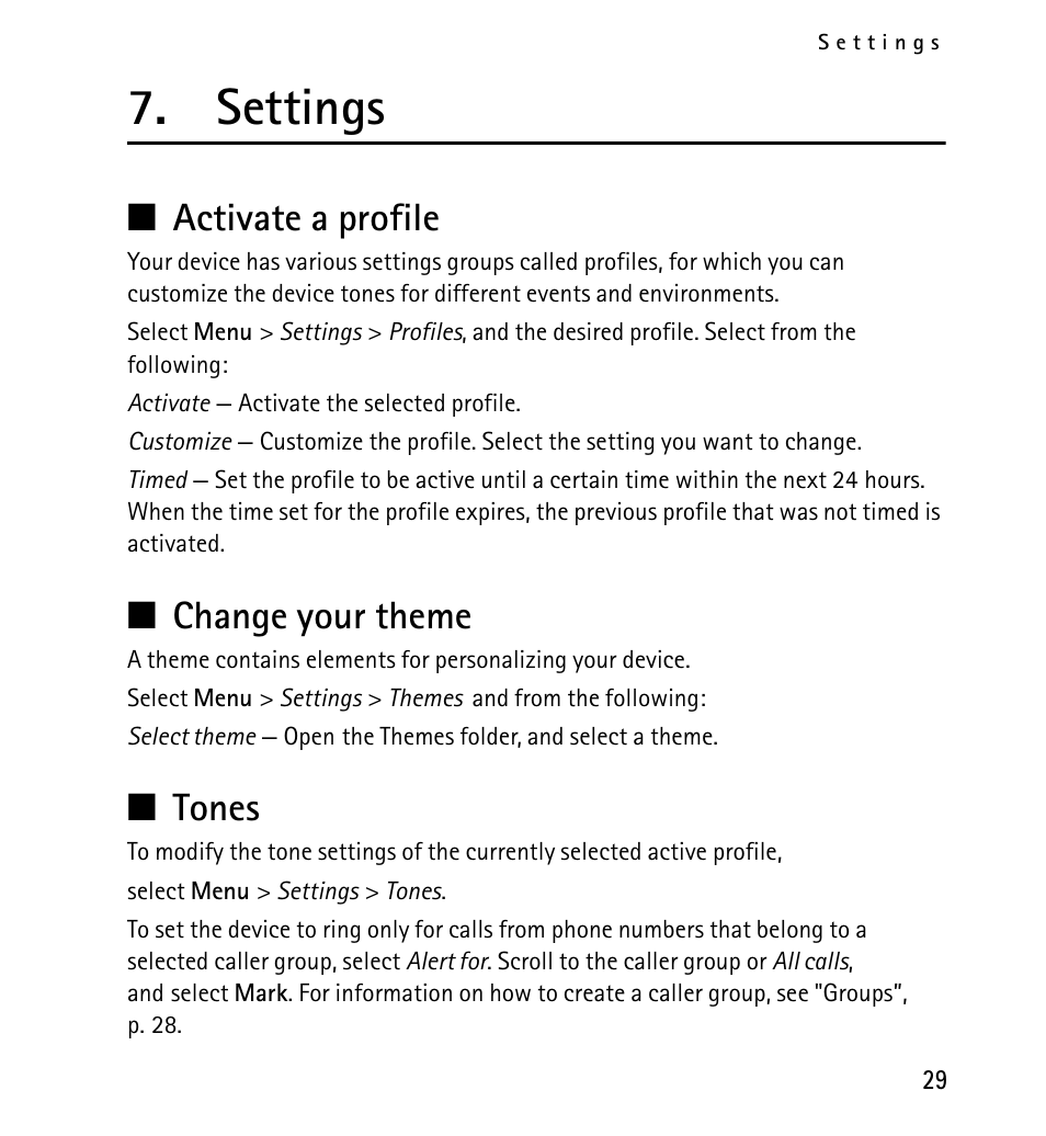 Settings, Activate a profile, Change your theme | Tones, Activate a profile change your theme tones | Nokia X2-01 User Manual | Page 29 / 73