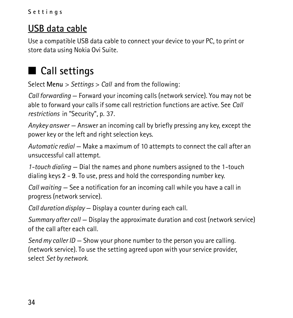 Usb data cable, Call, Call settings | Nokia X2-01 User Manual | Page 34 / 73