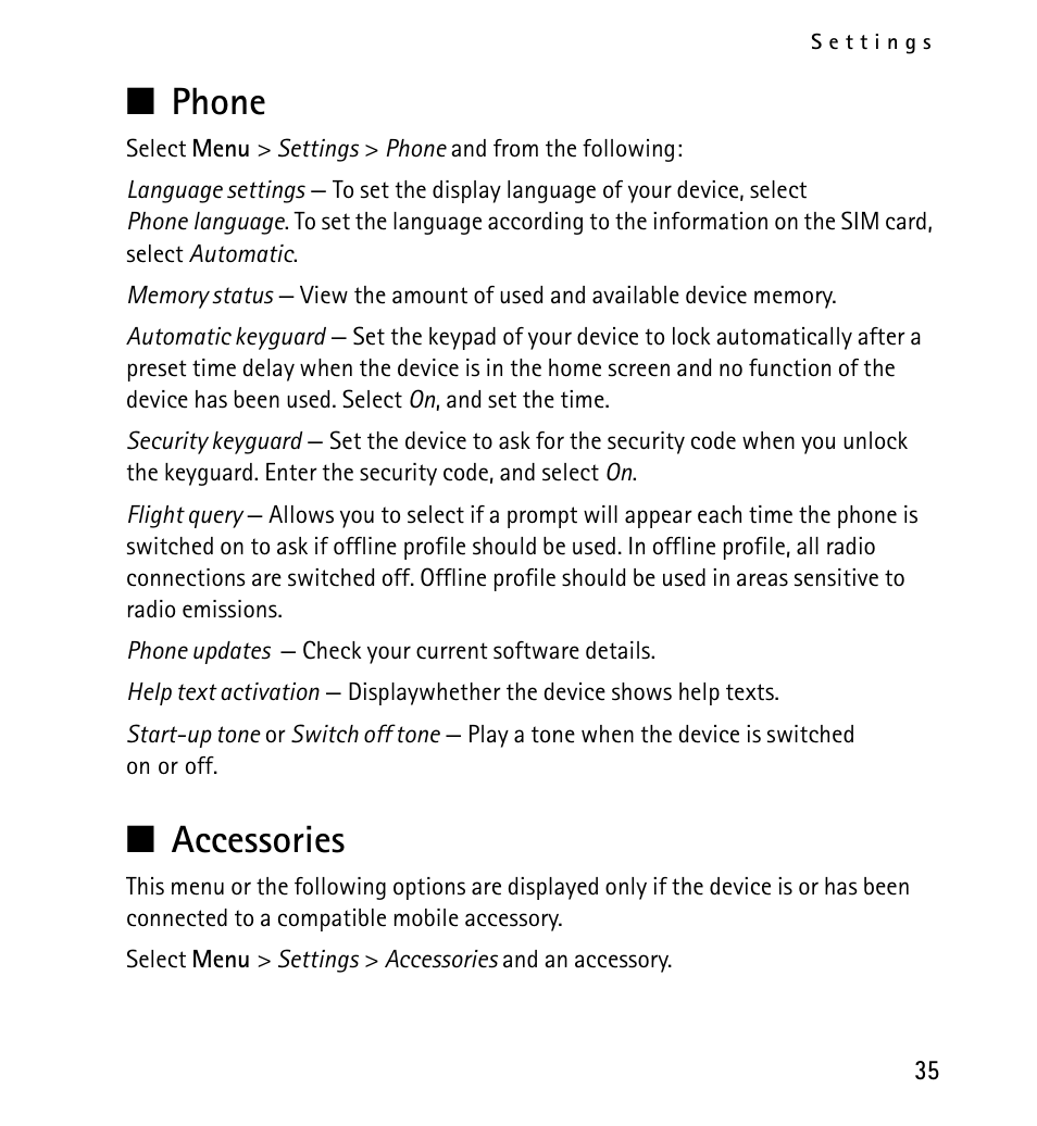 Settings:phone;phone:settings, Accessories, Phone accessories | Phone | Nokia X2-01 User Manual | Page 35 / 73