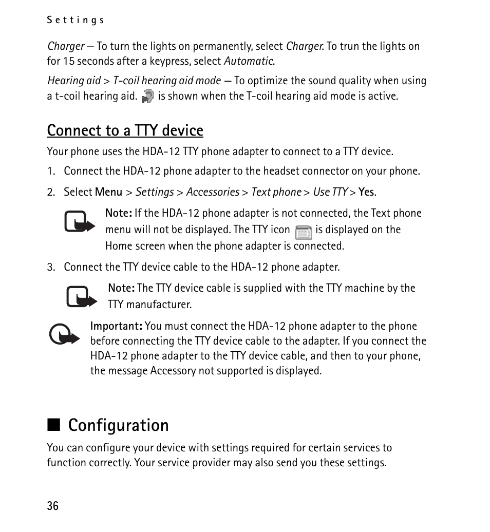 Connect to a tty device, Configuration | Nokia X2-01 User Manual | Page 36 / 73