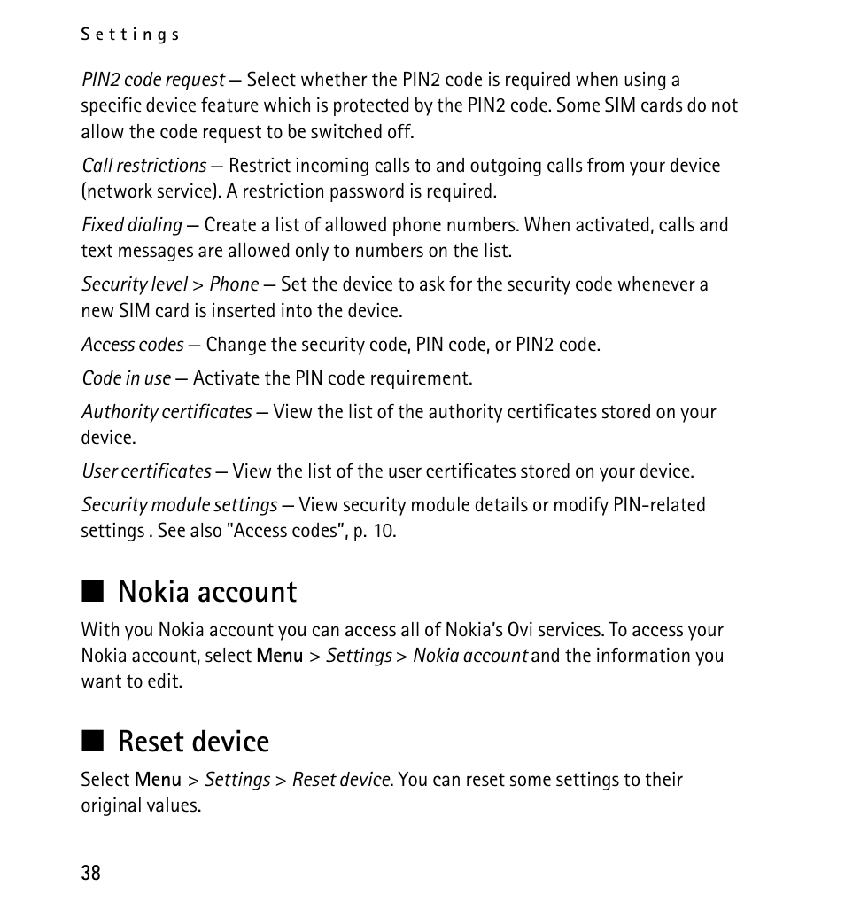 Nokia account, Reset device, Nokia account reset device | Nokia X2-01 User Manual | Page 38 / 73