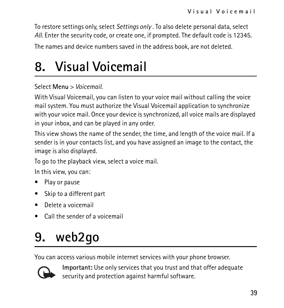Visual voicemail, Web2go | Nokia X2-01 User Manual | Page 39 / 73