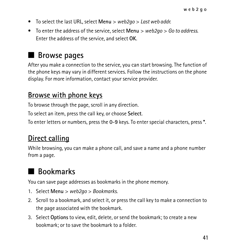 Browse with phone keys, Direct calling, Bookmarks | Browse with phone keys direct calling, Browse pages | Nokia X2-01 User Manual | Page 41 / 73
