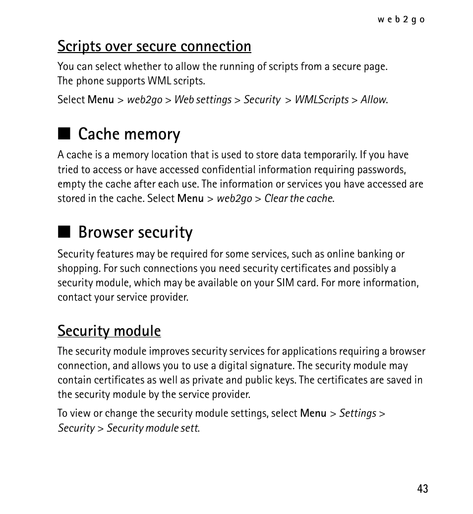 Scripts over secure connection, Cache memory, Browser security | Security module | Nokia X2-01 User Manual | Page 43 / 73