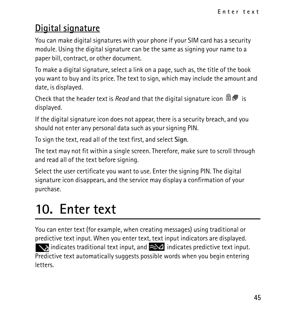 Digital signature, Enter text | Nokia X2-01 User Manual | Page 45 / 73