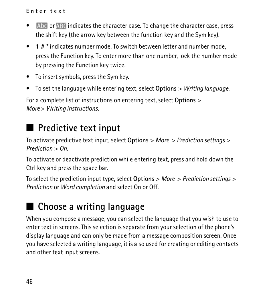Predictive text input, Choose a writing language, Predictive text input choose a writing language | Nokia X2-01 User Manual | Page 46 / 73