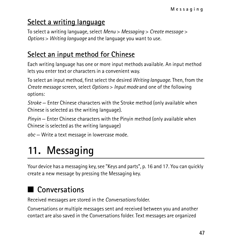 Select a writing language, Select an input method for chinese, Messaging | Conversations | Nokia X2-01 User Manual | Page 47 / 73