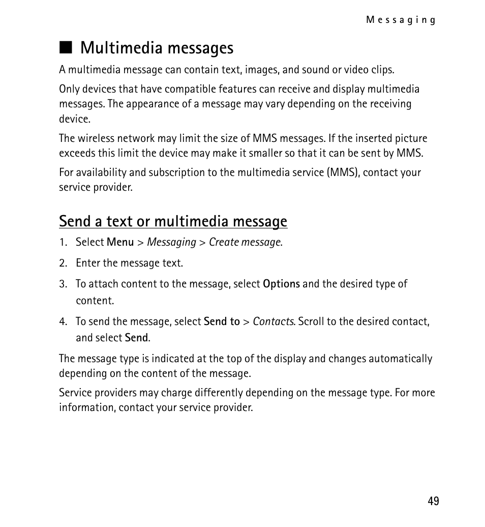 Multimedia messages, Send a text or multimedia message | Nokia X2-01 User Manual | Page 49 / 73