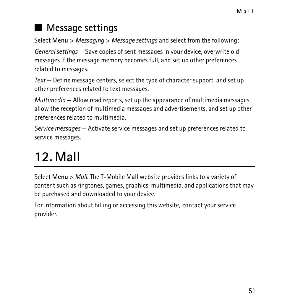 Message settings, Mall | Nokia X2-01 User Manual | Page 51 / 73