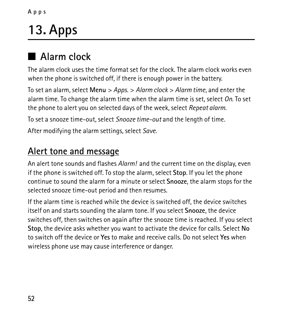 Apps, Alarm clock, Alert tone and message | Nokia X2-01 User Manual | Page 52 / 73