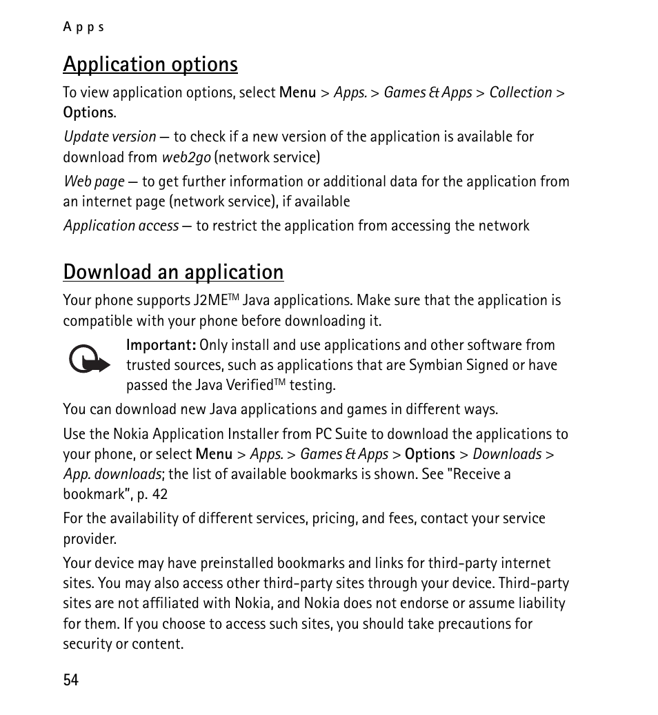Application options, Download an application, Application options download an application | Nokia X2-01 User Manual | Page 54 / 73