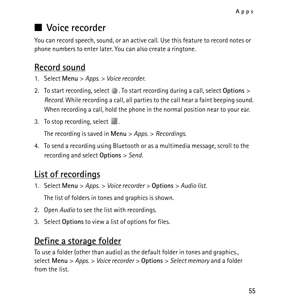 Voice recorder, Record sound, List of recordings | Define a storage folder | Nokia X2-01 User Manual | Page 55 / 73