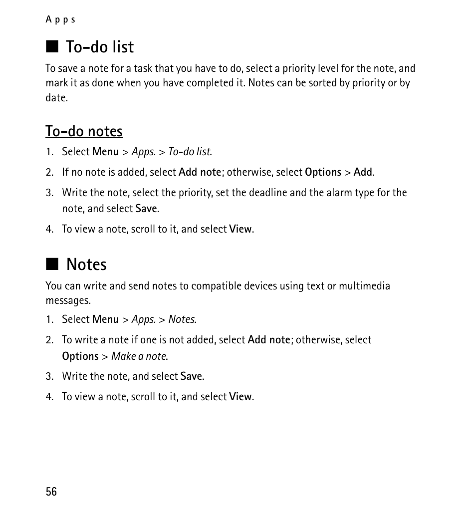 To-do list, To-do notes, Notes | Nokia X2-01 User Manual | Page 56 / 73