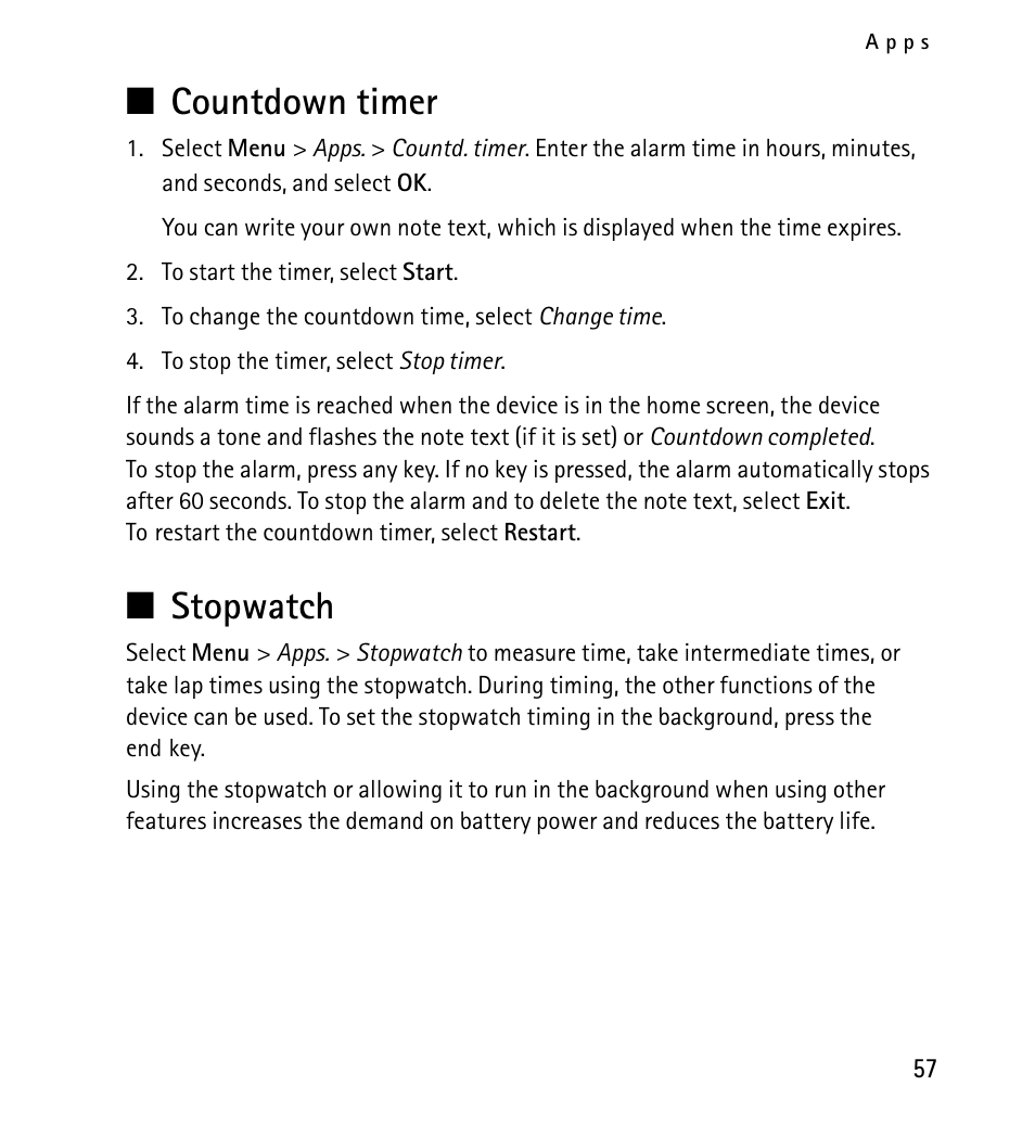 Countdown timer, Stopwatch, Countdown timer stopwatch | Nokia X2-01 User Manual | Page 57 / 73