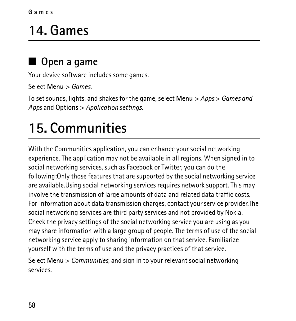 Games, Open a game, Communities | Nokia X2-01 User Manual | Page 58 / 73