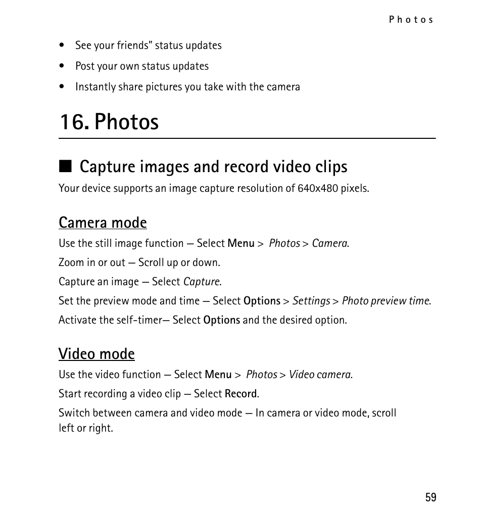 Photos, Capture images and record video clips, Camera mode | Video mode | Nokia X2-01 User Manual | Page 59 / 73
