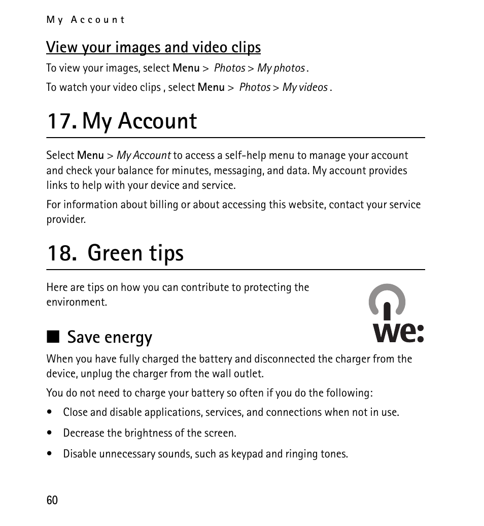 View your images and video clips, My account, Green tips | Save energy | Nokia X2-01 User Manual | Page 60 / 73