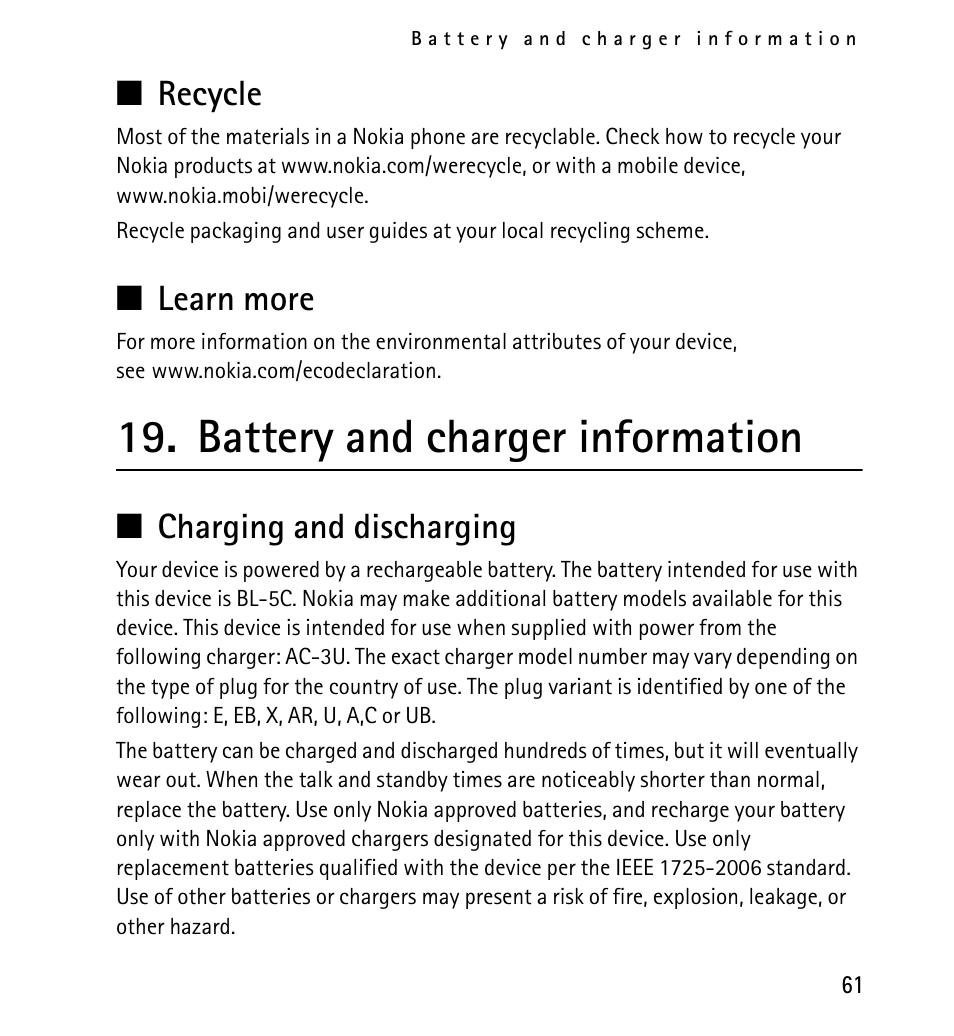 Recycle, Learn more, Battery and charger information | Charging and discharging, Recycle learn more, Battery and charger information 61 | Nokia X2-01 User Manual | Page 61 / 73