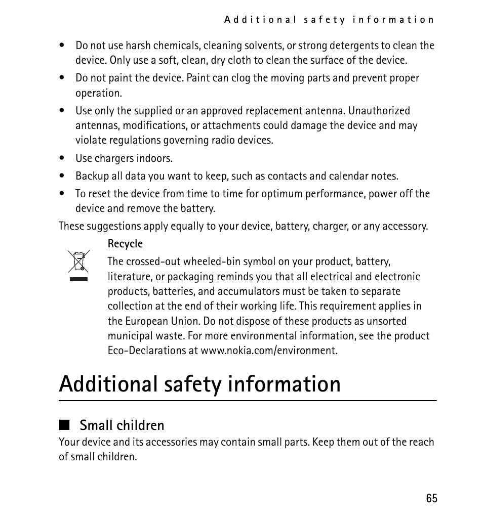 Additional safety information, Small children | Nokia X2-01 User Manual | Page 65 / 73