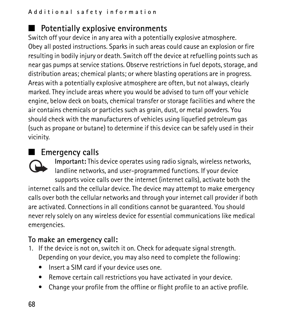Potentially explosive environments, Emergency calls | Nokia X2-01 User Manual | Page 68 / 73