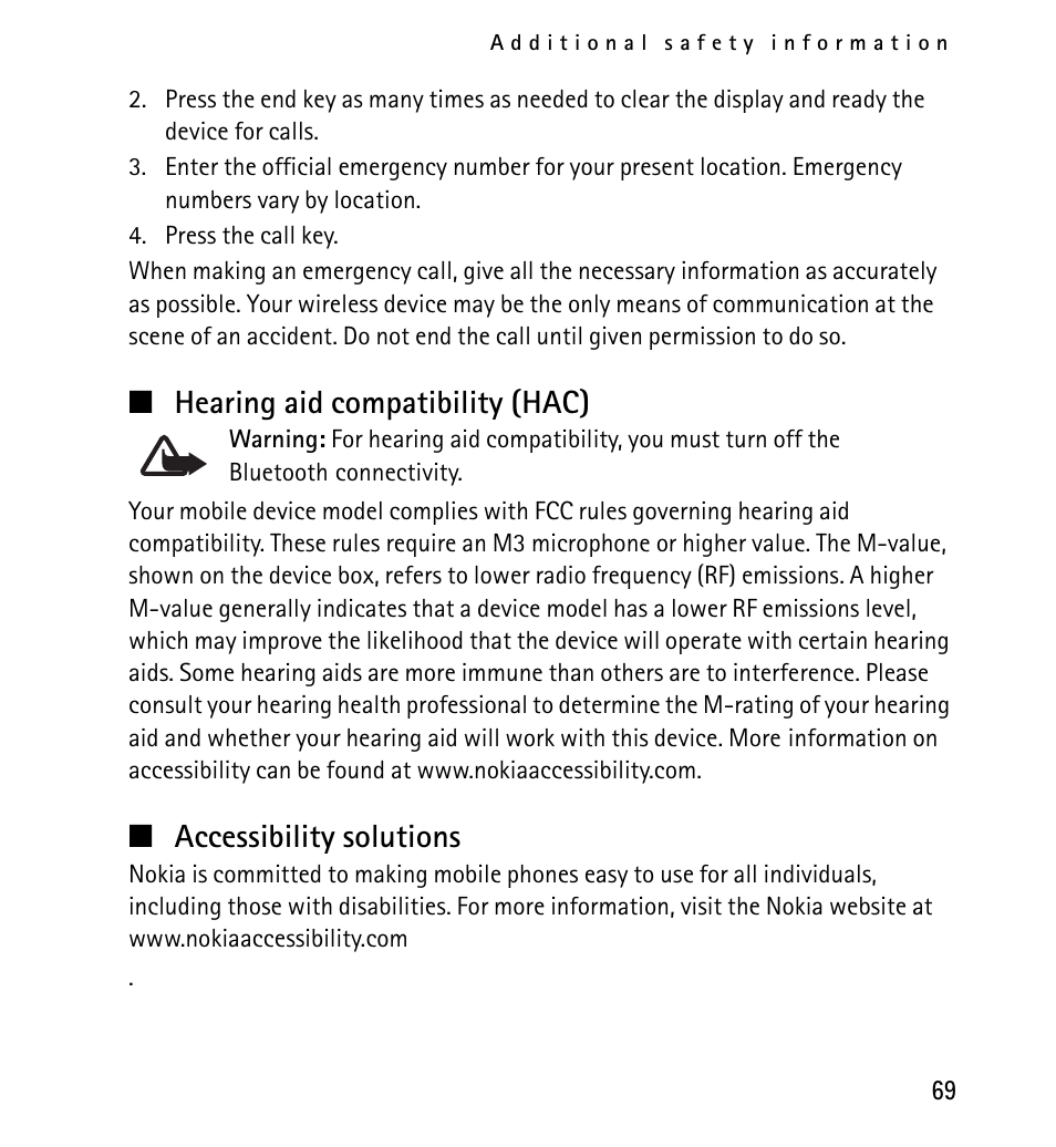 Hearing aid compatibility (hac), Accessibility solutions | Nokia X2-01 User Manual | Page 69 / 73
