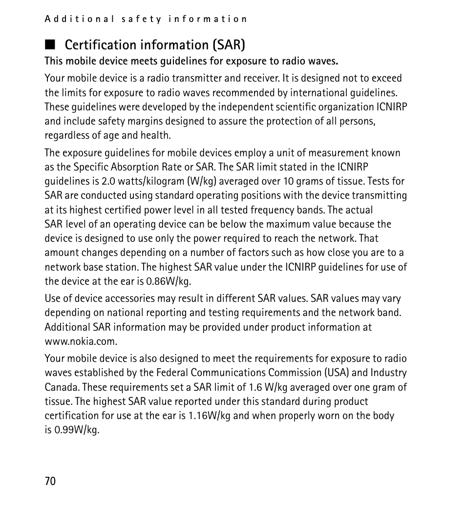 Certification information (sar) | Nokia X2-01 User Manual | Page 70 / 73