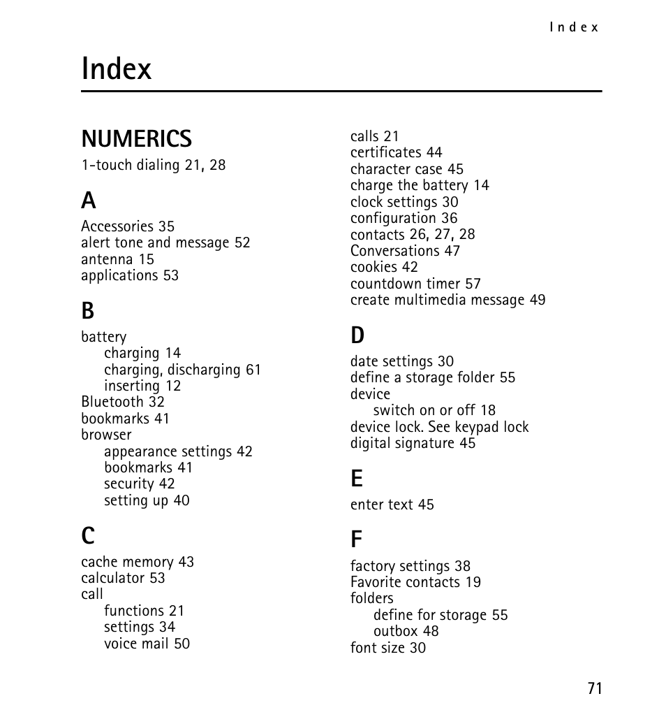 Index, Numerics | Nokia X2-01 User Manual | Page 71 / 73
