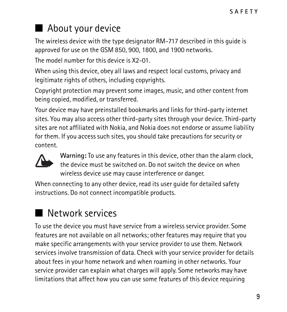 About your device, Network services | Nokia X2-01 User Manual | Page 9 / 73