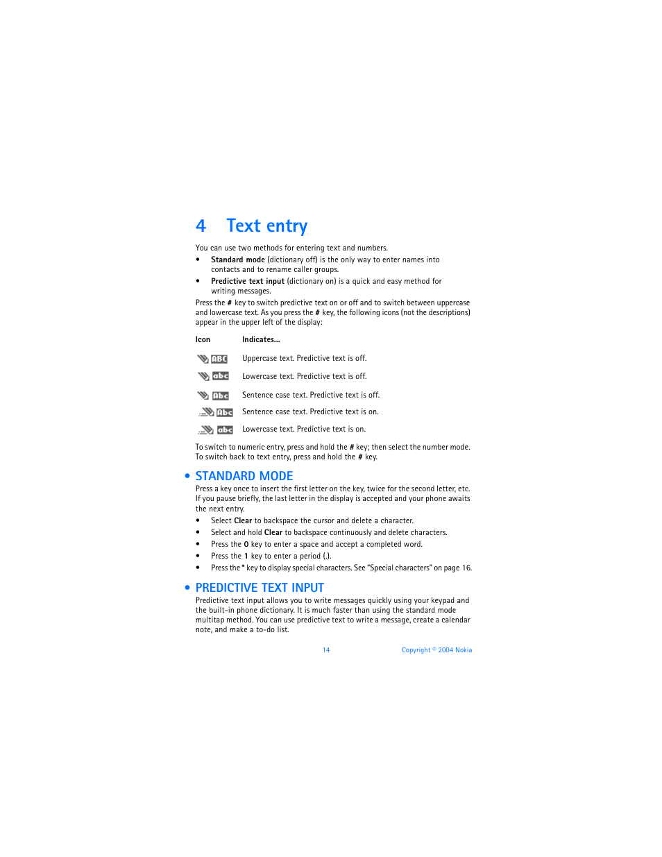 4 text entry, Standard mode, Predictive text input | Text entry, Standard mode predictive text input, 4text entry | Nokia 3560 User Manual | Page 23 / 121