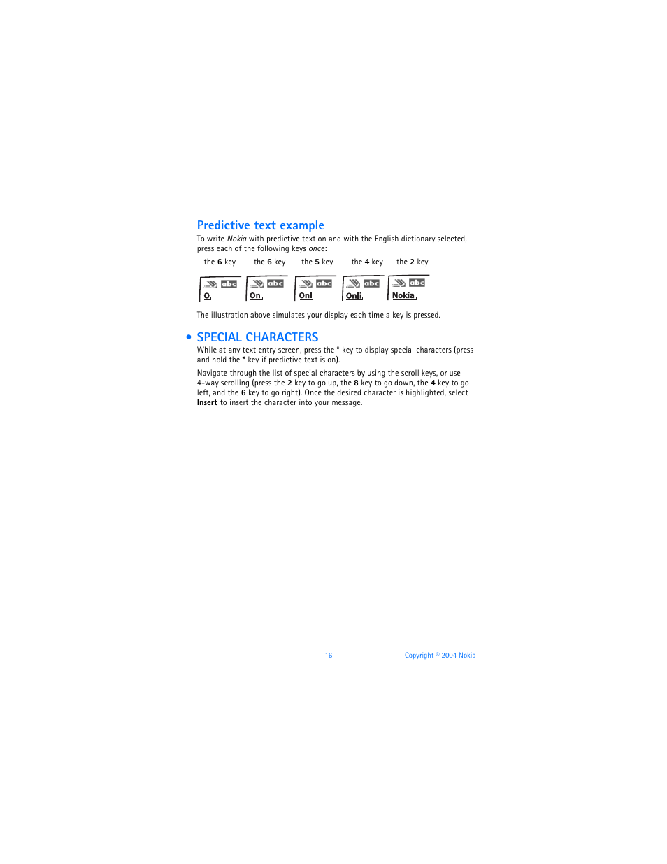 Special characters, Predictive text example | Nokia 3560 User Manual | Page 25 / 121