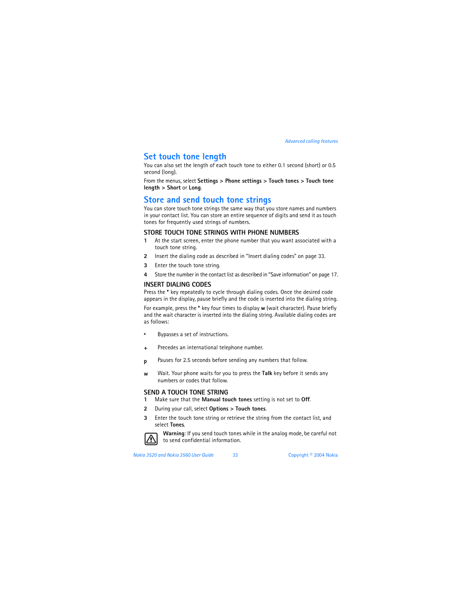 Set touch tone length, Store and send touch tone strings | Nokia 3560 User Manual | Page 42 / 121