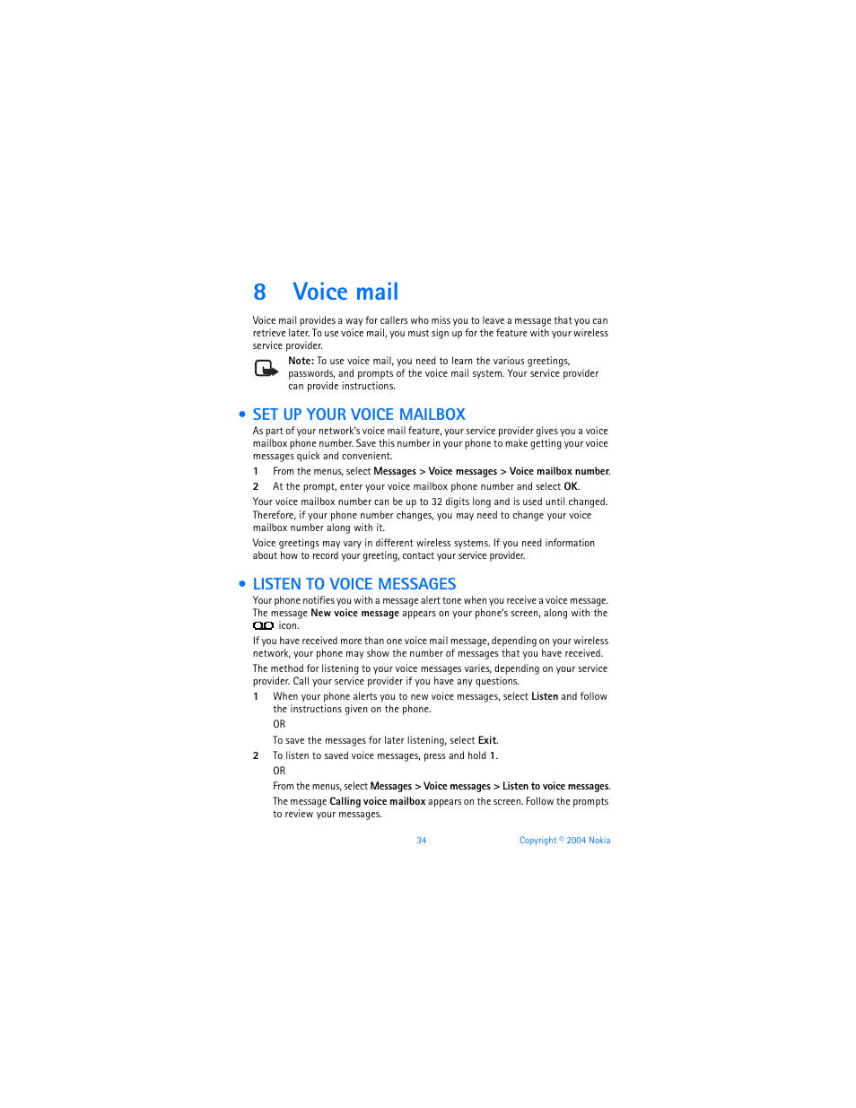 8 voice mail, Set up your voice mailbox, Listen to voice messages | Voice mail, Set up your voice mailbox listen to voice messages, 8voice mail | Nokia 3560 User Manual | Page 43 / 121