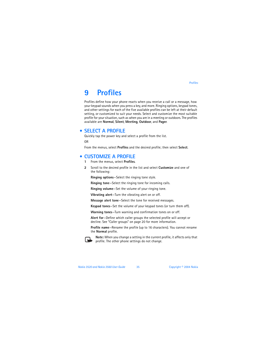 9 profiles, Select a profile, Customize a profile | Profiles, Select a profile customize a profile, 9profiles | Nokia 3560 User Manual | Page 44 / 121