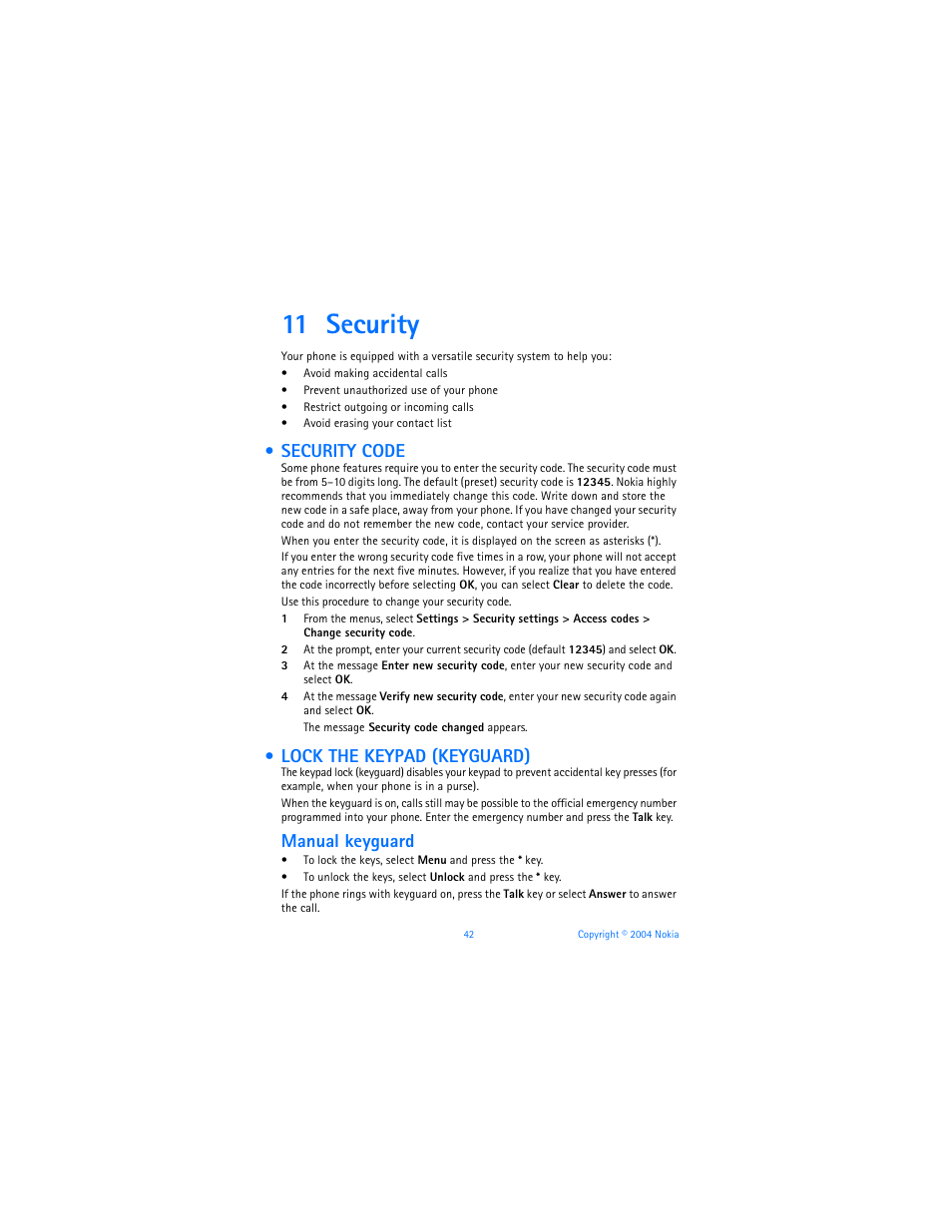 11 security, Security code, Lock the keypad (keyguard) | Security code lock the keypad (keyguard), Manual keyguard | Nokia 3560 User Manual | Page 51 / 121