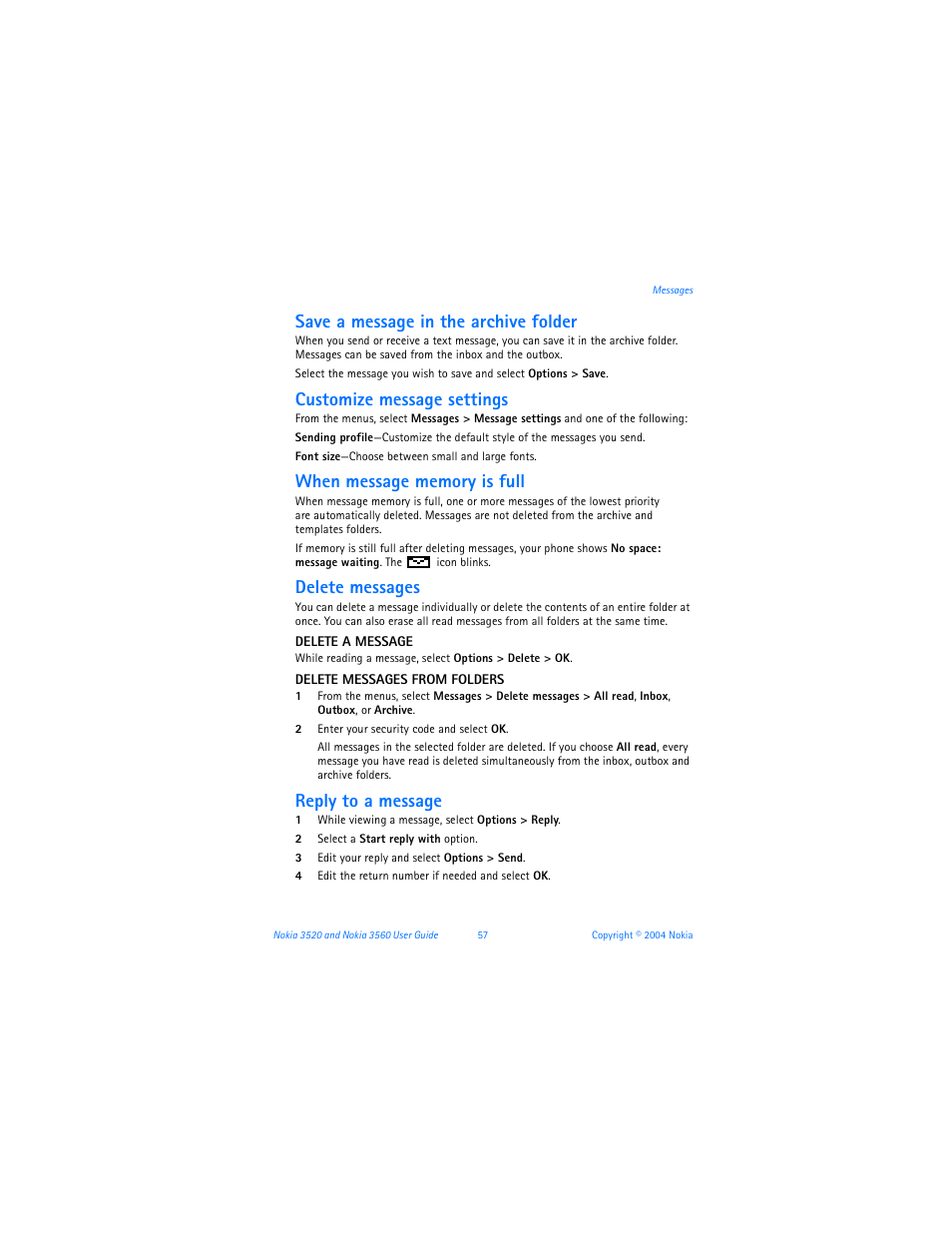 Save a message in the archive folder, Customize message settings, Delete messages | Reply to a message | Nokia 3560 User Manual | Page 66 / 121