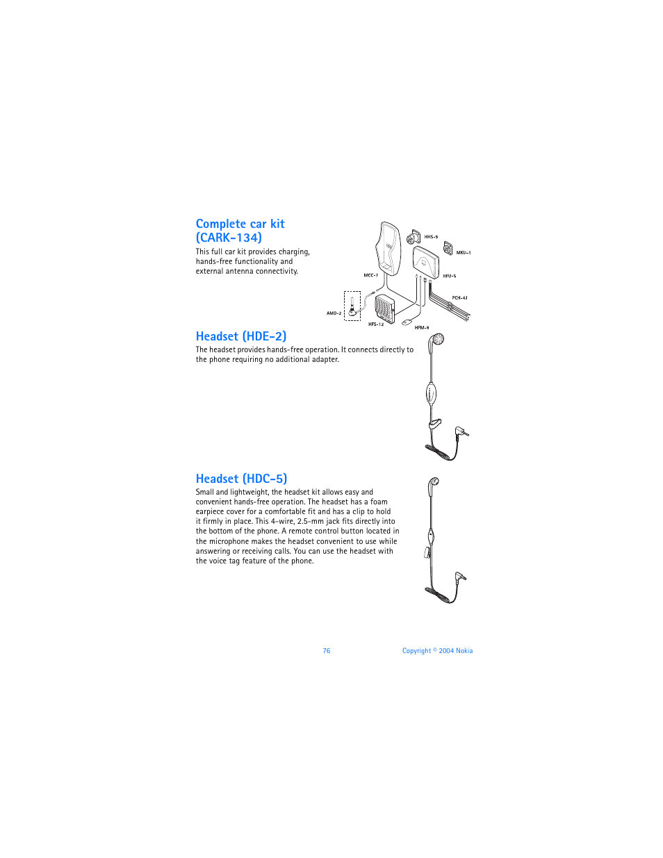 Complete car kit, Cark-134), Headset (hde-2) | Headset (hdc-5) | Nokia 3560 User Manual | Page 85 / 121