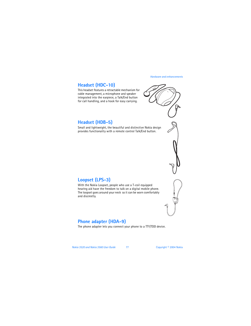 Headset (hdc-10), Headset (hdb-5), Loopset (lps-3) | Phone adapter (hda-9) | Nokia 3560 User Manual | Page 86 / 121